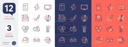 Illustration for Set of Water glass, Love glasses and Upload file line icons. Include Monitor, Brush, Piggy bank icons. Fireworks stars, Confirmed mail, Online voting web elements. Santa hat, Like, Electricity. Vector - Royalty Free Image