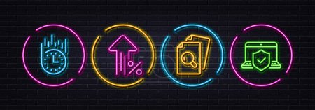Téléchargez les illustrations : Fast delivery, Increasing percent and Inspect minimal line icons. Neon laser 3d lights. Laptop insurance icons. For web, application, printing. Stopwatch, Discount, Search document. Vector - en licence libre de droit
