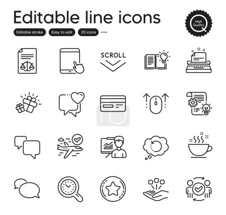 Téléchargez les illustrations : Set of Business outline icons. Contains icons as Credit card, Gift and Heart elements. Presentation, Cogwheel, Swipe up web signs. Scroll down, Typewriter, Tablet pc elements. Vector - en licence libre de droit