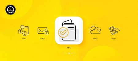 Ilustración de Secure mail, Verification document and Currency rate minimal line icons. Yellow abstract background. Pay money, Cloudy weather icons. For web, application, printing. Vector - Imagen libre de derechos