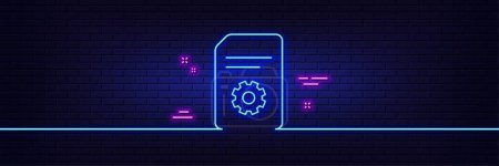 Illustration for Neon light glow effect. Document Management line icon. Information File with Cogwheel sign. Paper page concept symbol. 3d line neon glow icon. Brick wall banner. File Settings outline. Vector - Royalty Free Image