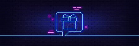 Téléchargez les illustrations : Neon light glow effect. Dreaming of Gift line icon. Present box sign. Birthday Shopping symbol. Package in Gift Wrap. 3d line neon glow icon. Brick wall banner. Wish list outline. Vector - en licence libre de droit