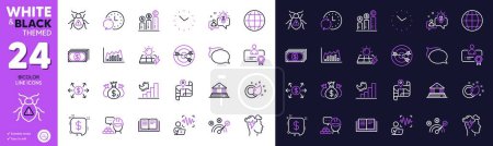 Téléchargez les illustrations : Check investment, Correct answer and Build line icons for website, printing. Collection of Growth chart, Court building, Graph chart icons. Mindfulness stress, Map, Solar panels web elements. Vector - en licence libre de droit