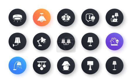 Illustration for Lamps icons. Spotlight led, Table Lamp and Floor Light. Modern chandelier, Electric light illuminate and Wall lamp icons. Lightbulb info, stand lamp and street light. Wall sconce. Vector - Royalty Free Image