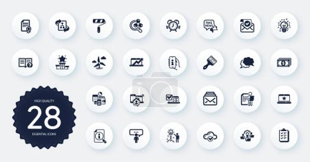 Téléchargez les illustrations : Set of Education icons, such as Winner podium, Job interview and Support flat icons. Work home, Website education, Payment web elements. Budget accounting, Checklist, Chemistry lab signs. Vector - en licence libre de droit