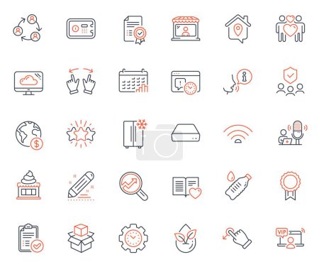 Illustration for Business icons set. Included icon as Packing boxes, Refrigerator and Mini pc web elements. Market seller, Calendar graph, Work home icons. Organic product, Star, Vip access web signs. Vector - Royalty Free Image