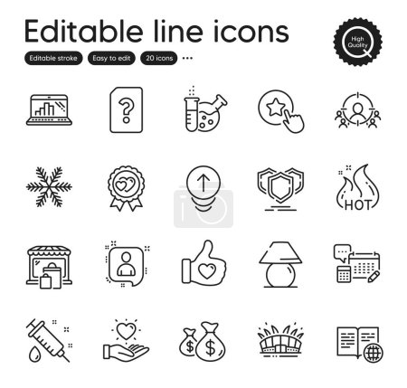Téléchargez les illustrations : Set of Business outline icons. Contains icons as Developers chat, Loyalty star and Internet book elements. Business targeting, Unknown file, Graph laptop web signs. Swipe up, Account. Vector - en licence libre de droit