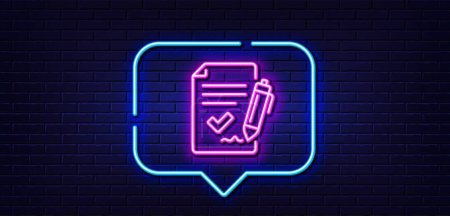Téléchargez les illustrations : Neon light speech bubble. Approved agreement line icon. Sign document. Accepted or confirmed symbol. Neon light background. Approved agreement glow line. Brick wall banner. Vector - en licence libre de droit