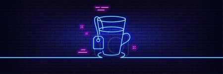 Illustration for Neon light glow effect. Tea with bag line icon. Hot drink sign. Fresh beverage symbol. 3d line neon glow icon. Brick wall banner. Tea outline. Vector - Royalty Free Image