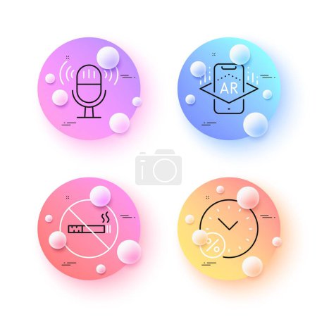 Téléchargez les illustrations : Augmented reality, No smoking and Microphone minimal line icons. 3d spheres or balls buttons. Loan percent icons. For web, application, printing. Phone simulation, Stop smoke, Mic. Discount. Vector - en licence libre de droit