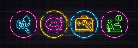 Téléchargez les illustrations : Water analysis, Tool case and Smile chat minimal line icons. Neon laser 3d lights. Support icons. For web, application, printing. Aqua bacteria, Repair service, Happy emoticon. Vector - en licence libre de droit