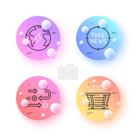 Illustration for Fake news, Coal trolley and Electricity minimal line icons. 3d spheres or balls buttons. Survey progress icons. For web, application, printing. Vector - Royalty Free Image
