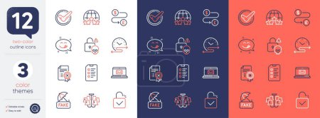 Illustration for Set of Reject certificate, Chandelier and Fake news line icons. Include Money transfer, Checklist, Yummy smile icons. Lock, Time schedule, Confirmed web elements. E-mail, Cyber attack. Vector - Royalty Free Image