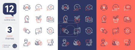 Téléchargez les illustrations : Set of Time schedule, People chatting and Touchscreen gesture line icons. Include Loyalty points, Leaves, Bitcoin icons. Accounting report, Engineering team, Target path web elements. Vector - en licence libre de droit