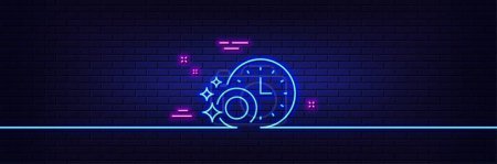 Ilustración de Neon light glow effect. Cleaning dishes with Time line icon. Dishwasher sign. Clean tableware sign. 3d line neon glow icon. Brick wall banner. Dishwasher timer outline. Vector - Imagen libre de derechos