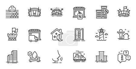 Téléchargez les illustrations : Outline set of Arena, Sleep and New house line icons for web application. Talk, information, delivery truck outline icon. Include Skyscraper buildings, Arena stadium, Loan house icons. Vector - en licence libre de droit