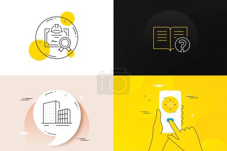 Illustration for Minimal set of Help, Certificate and Buildings line icons. Phone screen, Quote banners. Parcel delivery icons. For web development. Documentation, Construction document, City architecture. Vector - Royalty Free Image