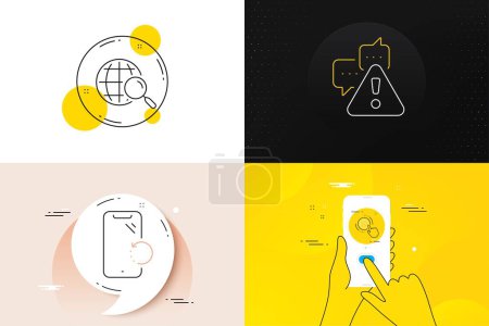 Ilustración de Minimal set of Smartphone recovery, Web search and Cogwheel settings line icons. Phone screen, Quote banners. Warning icons. For web development. Phone repair, Find internet, Engineering tool. Vector - Imagen libre de derechos