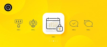 Téléchargez les illustrations : Clown, Talk bubble and Employee benefits minimal line icons. Yellow abstract background. Approved message, Calendar icons. For web, application, printing. Vector - en licence libre de droit