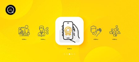 Téléchargez les illustrations : Blood, Award app and Third party minimal line icons. Yellow abstract background. Teacher, Teamwork icons. For web, application, printing. Donor hand, Smartphone certification, Team leader. Vector - en licence libre de droit