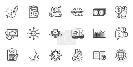 Téléchargez les illustrations : Outline set of Chemistry lab, Money currency and Help line icons for web application. Talk, information, delivery truck outline icon. Include Teamwork, Paint brush, Survey check icons. Vector - en licence libre de droit