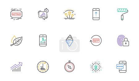 Illustration for Mobile finance, Fastpass and Fireworks explosion line icons for website, printing. Collection of Demand curve, Phone password, Travel compass icons. Statistics timer, Ice cream. Vector - Royalty Free Image
