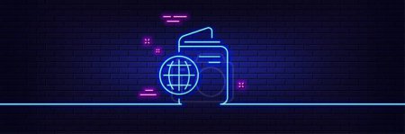 Illustration for Neon light glow effect. Travel passport line icon. Trip id document cover sign. Abroad holidays symbol. 3d line neon glow icon. Brick wall banner. Travel passport outline. Vector - Royalty Free Image