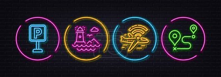 Illustration for Airplane wifi, Lighthouse and Parking minimal line icons. Neon laser 3d lights. Journey icons. For web, application, printing. Wi-fi internet, Navigation beacon, Auto park. Trip distance. Vector - Royalty Free Image
