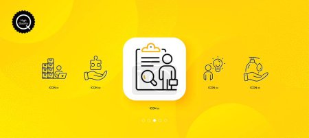 Téléchargez les illustrations : Group people, Inspect and Wash hands minimal line icons. Yellow abstract background. Puzzle, Inventory icons. For web, application, printing. Business meeting, Research list, Liquid soap. Vector - en licence libre de droit