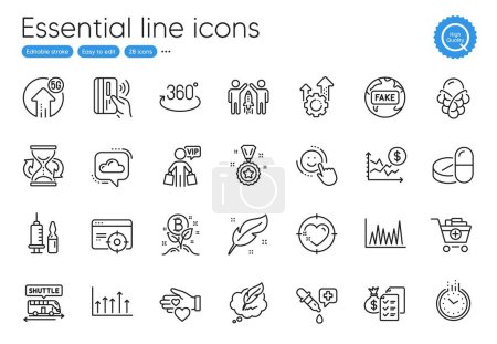 Téléchargez les illustrations : Time, Cloud communication and Heart target line icons. Collection of Contactless payment, Smile, 5g upload icons. Seo gear, Shuttle bus, Ice cream web elements. Fake news, Add products. Vector - en licence libre de droit
