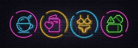 Illustration for Love document, Ice cream and Lingerie minimal line icons. Neon laser 3d lights. Tickets icons. For web, application, printing. Registry office, Coffee cup, Bra with panties. Admission entrance. Vector - Royalty Free Image