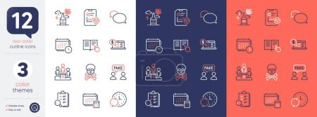 Illustration for Set of Fake information, Online accounting and Inspect line icons. Include Business podium, Messenger, Calendar icons. Read instruction, Update time, Account web elements. Bicolor outline icon. Vector - Royalty Free Image