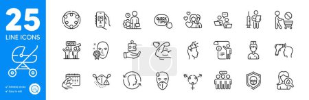 Téléchargez les illustrations : Outline icons set. Electronic thermometer, Stop shopping and Strong arm icons. Cyber attack, Manual doc, Inclusion web elements. Medical mask, Face verified, Couple signs. Vector - en licence libre de droit