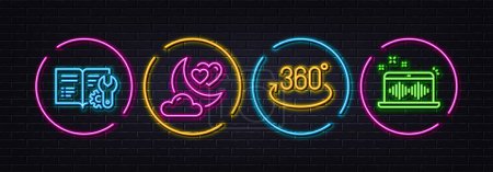 Illustration for Love night, Engineering documentation and Full rotation minimal line icons. Neon laser 3d lights. Music making icons. For web, application, printing. Romantic evening, Manual, 360 degree. Vector - Royalty Free Image