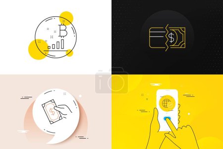 Téléchargez les illustrations : Minimal set of World statistics, Payment methods and Pay money line icons. Phone screen, Quote banners. Bitcoin graph icons. For web development. Global report, Credit card, Hold cash. Vector - en licence libre de droit