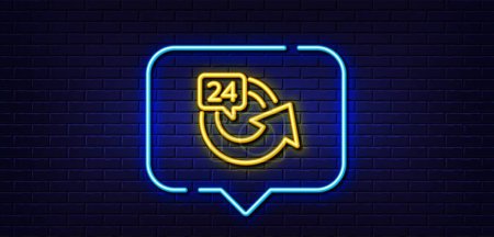 Illustration for Neon light speech bubble. 24 hours service line icon. Repeat every day sign. Refund symbol. Neon light background. 24 hours glow line. Brick wall banner. Vector - Royalty Free Image