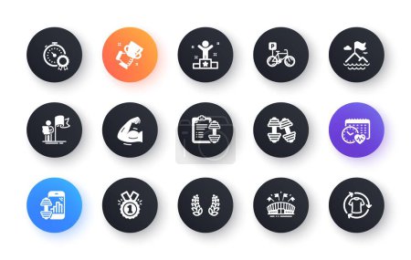 Illustration for Minimal set of Winner, Fitness app and Dumbbells flat icons for web development. Leadership, Mountain flag, Winner cup icons. Sports arena, Approved, Cardio calendar web elements. Vector - Royalty Free Image