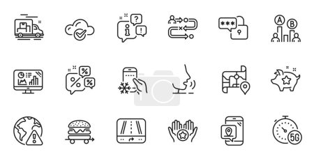Outline set of Journey path, Internet warning and Loyalty points line icons for web application. Talk, information, delivery truck outline icon. Vector