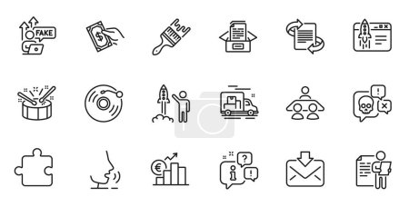 Illustration for Outline set of Launch project, Start business and Incoming mail line icons for web application. Talk, information, delivery truck outline icon. Vector - Royalty Free Image