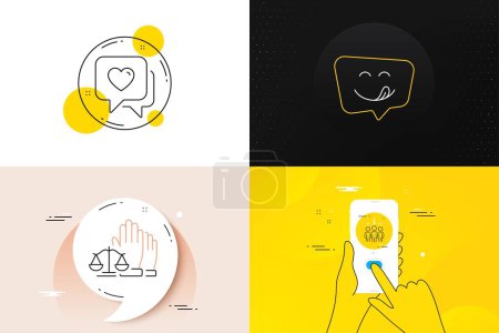 Téléchargez les illustrations : Minimal set of Court jury, Meeting and Heart line icons. Phone screen, Quote banners. Yummy smile icons. For web development. Justice voting, Business collaboration, Love chat. Emoticon. Vector - en licence libre de droit