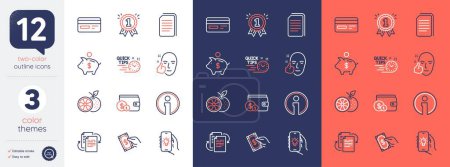 Illustration for Set of Electric app, Reward and Healthy face line icons. Include Copy files, Piggy bank, Credit card icons. Pay money, Bureaucracy, Quick tips web elements. Info, Orange, Buying accessory. Vector - Royalty Free Image
