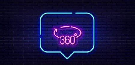 Illustration for Neon light speech bubble. 360 degrees line icon. VR simulation sign. Panoramic view symbol. Neon light background. 360 degrees glow line. Brick wall banner. Vector - Royalty Free Image