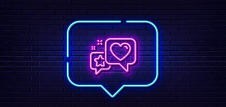 Illustration for Neon light speech bubble. Star, heart line icon. Feedback rating sign. Customer satisfaction symbol. Neon light background. Heart glow line. Brick wall banner. Vector - Royalty Free Image
