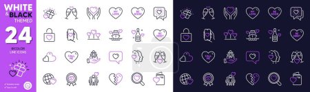 Téléchargez les illustrations : Love gift, Honeymoon cruise and Hold heart line icons for website, printing. Collection of Be good, Heart, Inclusion icons. Wedding glasses, Friends chat, Be sweet web elements. Vector - en licence libre de droit