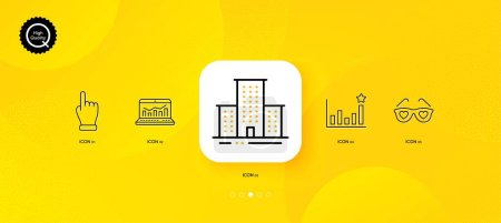 Téléchargez les illustrations : Efficacy, University campus and Click hand minimal line icons. Yellow abstract background. Love glasses, Web analytics icons. For web, application, printing. Vector - en licence libre de droit