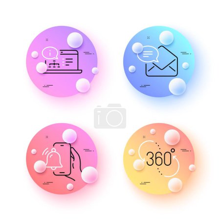 Téléchargez les illustrations : Online documentation, 360 degree and Alarm clock minimal line icons. 3d spheres or balls buttons. New mail icons. For web, application, printing. Web engineering, Virtual reality, Phone alarm. Vector - en licence libre de droit