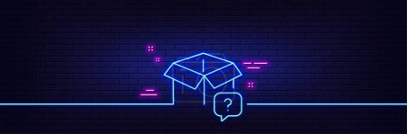 Illustration for Neon light glow effect. Secret package line icon. Unknown delivery box sign. Question mark symbol. 3d line neon glow icon. Brick wall banner. Secret package outline. Vector - Royalty Free Image