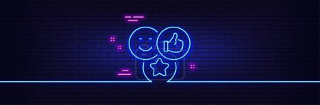 Illustration for Neon light glow effect. Social media likes line icon. Thumbs up sign. Positive smile feedback symbol. 3d line neon glow icon. Brick wall banner. Like outline. Vector - Royalty Free Image