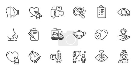 Ilustración de Outline set of Volunteer, Farsightedness and Vaccination passport line icons for web application. Talk, information, delivery truck outline icon. Vector - Imagen libre de derechos