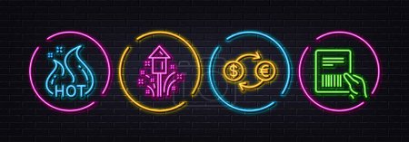 Illustration for Currency exchange, Fireworks and Hot sale minimal line icons. Neon laser 3d lights. Parcel invoice icons. For web, application, printing. Banking finance, Christmas pyrotechnic, Shopping flame. Vector - Royalty Free Image